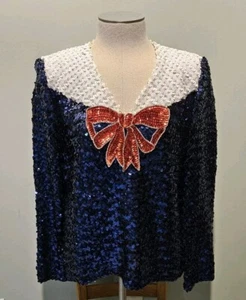JoEd Sophisticates Vintage Sequined Top Red White & Blue Pin Up Sailor Blouse   - Picture 1 of 21