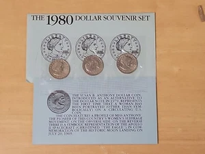 1980 Susan B Anthony Dollar Souvenir Set Unc 3 Coin Set PDS P D S $1 Blue Envel - Picture 1 of 5