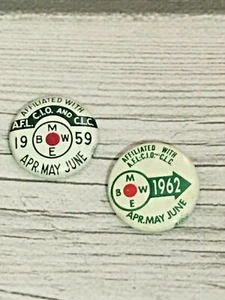 2 botones de pasador de unión BMEW Brotherhood Maintenance Way AFL CIO y CLC - 1959 y 1962 - Imagen 1 de 2