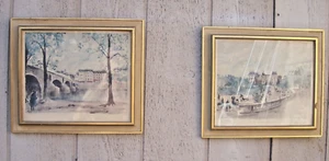 Set of 2 Framed European Watercolor Prints Artwork 14" x 16" Golden Wood Frames - Picture 1 of 10