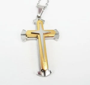 Double Cross Pendant Necklace Silver Stainless Steel - Gold & Silver - Picture 1 of 2