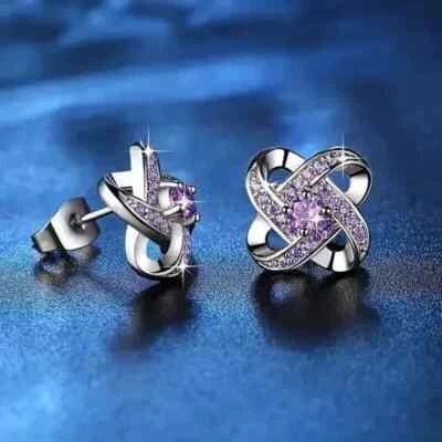 Aretes para mujer de amatista creados en laboratorio de corte redondo de 1 quilate enchapados en oro blanco de 14 quilates Foto 1 de 4