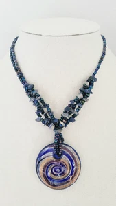 Vintage Halskette Murano Glas Rund Anhänger Gold Blau Glitzer Wirbel Perlen 16-20" - Bild 1 von 10