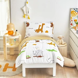 4 Piece White Toddler Bedding Set for Baby Girls and Boys Cute Animals Printed - Picture 1 of 7