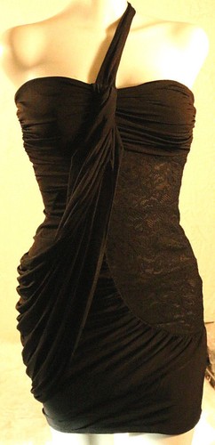 VALENTINO Abito corto XS BEBE nero pizzo setoso monospalla schiena bassa fascia 0 2 small S