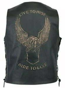 Bikers Leather Waistcoat 'Live to Ride' Eagle Embossed Genuine Vest Motorbike Cu - Picture 1 of 6