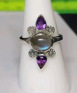 Natural Labradorite & Amethyst 925 Sterling Silver Ring Size 8 0456 - Picture 1 of 6