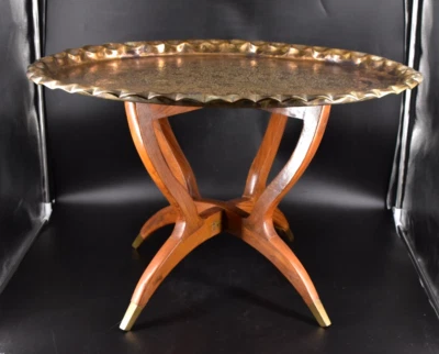 VTG Moroccan Brass Coffee Table Folding Wood Spider Legs & Pie Crust Edge 27x19 - Image 1 of 4