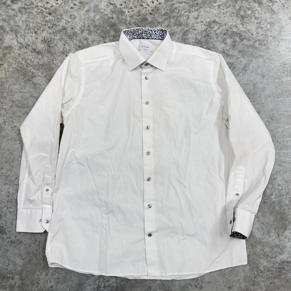 ETON Dress Shirt Mens 18 White Contemporary Contrast Floral Trim Long Sleeve - Image 1 of 4