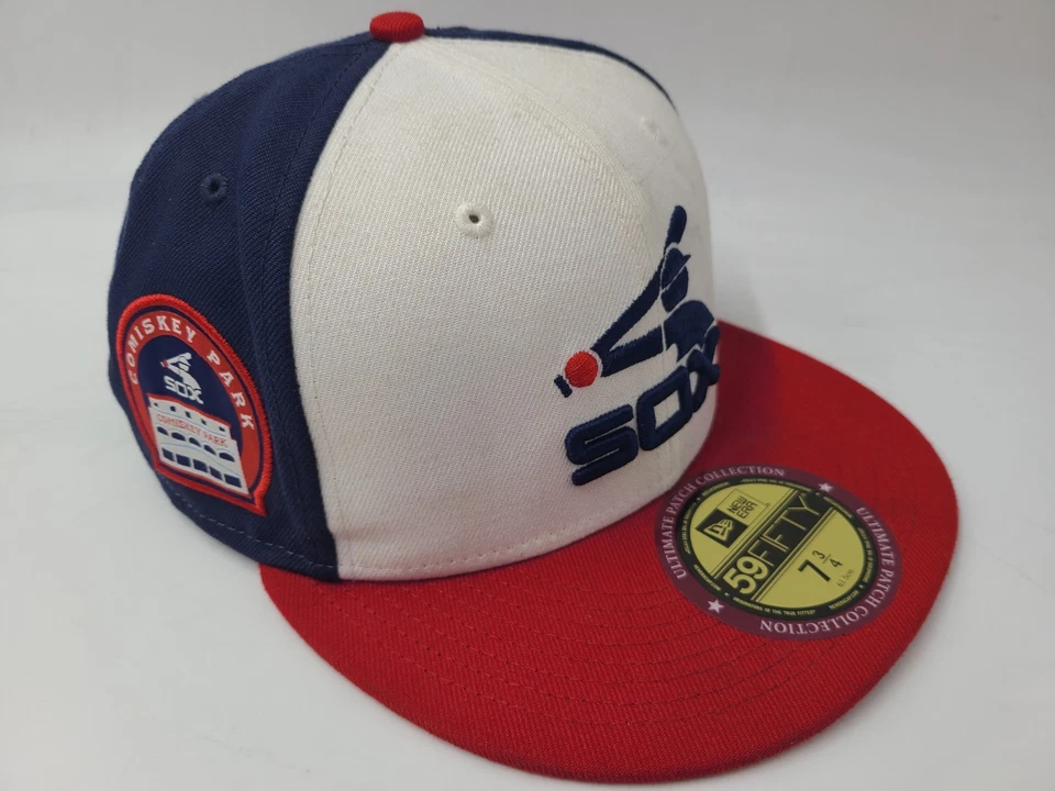 Chicago White Sox Comiskey Park Patch New Era 59Fifty Fitted 7 3/4 Hat Cap RWB - Image 1 of 4