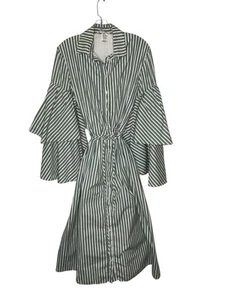 Rosie Assoulin Fiesta Dress Ruffled Sleeves Green White Striped Size 8 *FLAW* - Picture 1 of 9