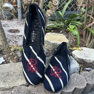 Ralph Lauren Rugby Varsity 条纹乐福鞋拖鞋 Polo 10 蓝色红色英格兰 — 第 1/4 张图片