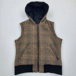 Vtg PrAna Vest Womens Brown Plaid Hooded Reversible Wool Blend Y2K - Picture 1 of 13