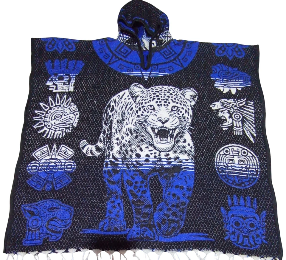 Auténtico Poncho Mexicano Hecho a Mano Gaban con Capucha. Jaguar y guerrero azteca Foto 1 de 4