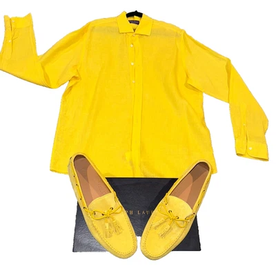 Ralph Lauren Purple Label linen Shirt(17.5) and suede drivers(13) set $900 - Image 1 of 4