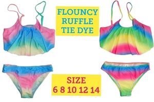 NWT GIRLS  6 8 10 12 14  BEAUTIFUL TIE DYE GREEN or BLUE TIE DYE FLOUNCY BIKINI - Picture 1 of 21