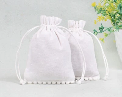 25Pcs White Cotton Customize Log Bottom Pom-Pom Drawstring Jewelry Pouch 4x6Inch - Image 1 of 4