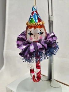 Vintage 6,5" mundgeblasene Glas Clown Zuckerstange mit Stoff Weihnachtsschmuck c1990er - Bild 1 von 7