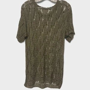 Boho Olive Green Crocheted Cover Up Large Overlay Tunic Top Pullover Short Sleev - Picture 1 of 7