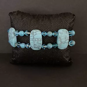 Vintage Large Faux Turquoise Faceted Bead Stretch Elastic Bracelet Statement - Bild 1 von 8