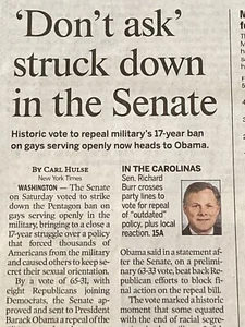 DADT Don't Ask Don't Tell Struck Down Dec 19 2010 Collectible Newspaper LGBTQ - Picture 1 of 8