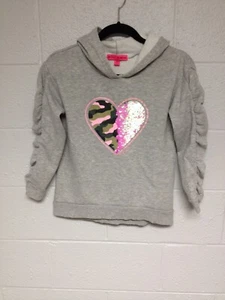 BETSEY JOHNSON Camo/Flip Sequins Heart Ruffle Sleeve Heather Gray Hoodie L (12) - Picture 1 of 6