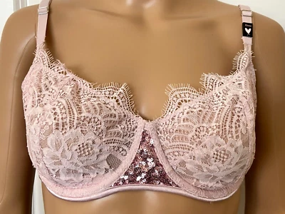 Sujetador Victoria's Secret ~Dream Angels 32DDD Lentejuelas Push Up Encaje Sin Relleno Rosa Foto 1 de 4