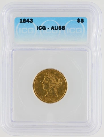 1843 Half Eagle ICG AU58 $5 Philadelphia Minted Liberty Head Gold Coin Cover