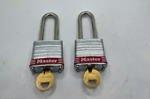 (QTY 2) Master Lock Laminated Steel Padlock Keyed Alike RED w/ Keys - Picture 1 of 3