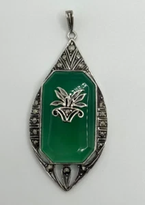 Vintage Art Deco Germany Sterling Silver Chrysoprase Marcasite Pendant READ - Picture 1 of 9