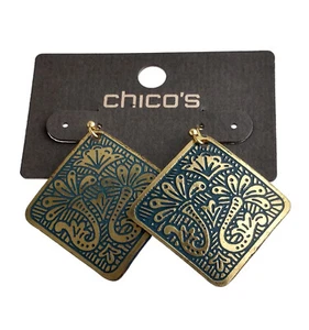 Chicos Vala Earrings Exotic Brass Square Blue Floral Dangle 1 3/4" NWT - Picture 1 of 5