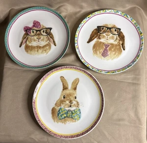 Lot of 3 Pier 1 One Easter Rabbits Bunnies 8" Lunch Salad Dessert Plates - Picture 1 of 6