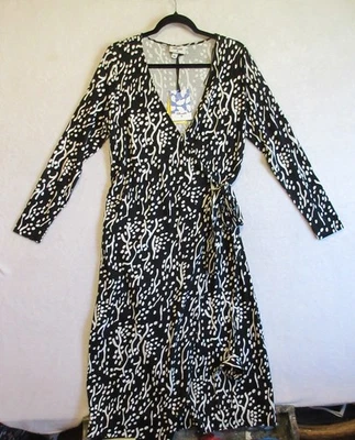Diane Von Furstenberg Wrap Dress Large Black /White Print Stretch Long Slv NEW - Image 1 of 4