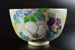 Q5610: Japanese Kiyomizu-ware Gold paint Flower Muffle painting TEA BOWL - Picture 1 of 8