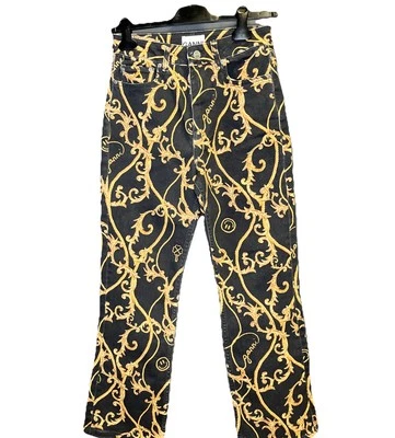 Pantalones de mezclilla recortados para mujer Ganni Betzy negros dorados plantas enredaderas cintura talla 26” Foto 1 de 4