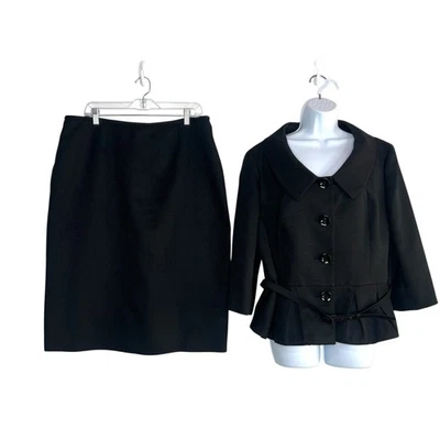 Traje Estudio Mujeres Poliéster Falda Traje 18 Negro Chal Cuello Cinturón Plisado Foto 1 de 4