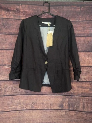 Blazer Gibson tamanho S feminino preto manga amassada um botão LINHO - Imagem 1 de 4
