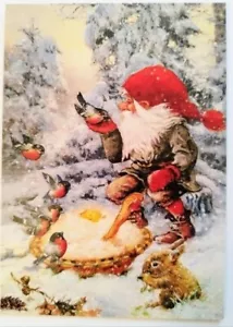 Nordische Weihnachtskarte Schwedisch Norweger -Wichtel sitzend mit Brei und Tier - Bild 1 von 2