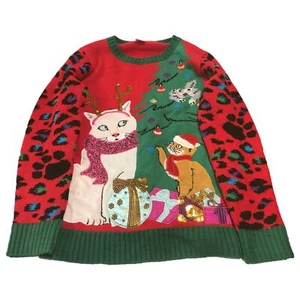 Girls Green & Red Sequin Cat Themed Holiday Christmas Sweater Large 10-12 Plus - Picture 1 of 2