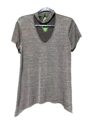 AB Studio Women’s Cutout Tee V-Neck Stretch Handkerchief Hem Top Green Medium - Image 1 of 4