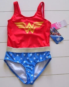 Girls 1 Pc Fully Lined Red White Blue Wonder Woman Swimsuit Sz 4 - Picture 1 of 3