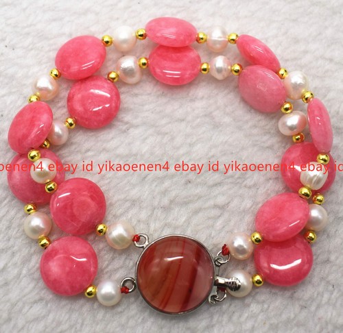 VALENTINO Nuovo Bracciale Perla Bianca Rodocrosite 2 Righe Naturale 14mm Moneta Rosa 7 5 pollici