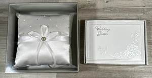 Wedding Ring Bearer Pillow & Guest Book White Rhinestones Satin Pearls Bow New - Picture 1 of 13