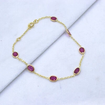 Natural Ruby Dainty Station Chain Bracelet Handmade Jewelry Women's Jewelry - Image 1 of 4