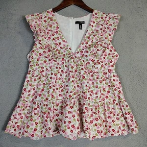 Aqua Top Women's Large White Pink Ditsy Floral Flutter Sleeve Ruffle Boho Preppy - Picture 1 of 10