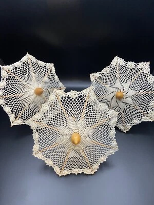18” Doll sized 3 wooden/fabric Fish Net Cotton Crochet umbrellas Ivory/Beige - Image 1 of 4