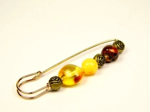 Baltic Amber Beaded Brooch Multicolor Natural Stone Gemstone Genuine 6412 - Picture 1 of 9