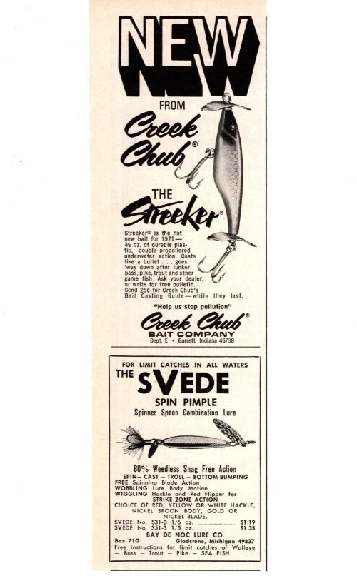 Creek Chub 1971 "The Streeker" señuelo anuncio impreso, Svede Pimple Spinner, anuncio impreso Foto 1 de 1