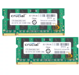 8GB Crucial Kits 2X 4GB 2RX8 PC2-6400 DDR2-800MHz DDR2 SODIMM Laptop Memory 1.8V - Picture 1 of 10