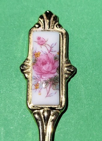 VINTAGE Gold Tone Souvenir Spoon -  White enamel with pink flowers Cover